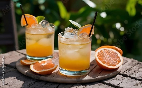 Fototapeta Refreshing summer alcoholic cocktail with crushed ice and citrus fruits