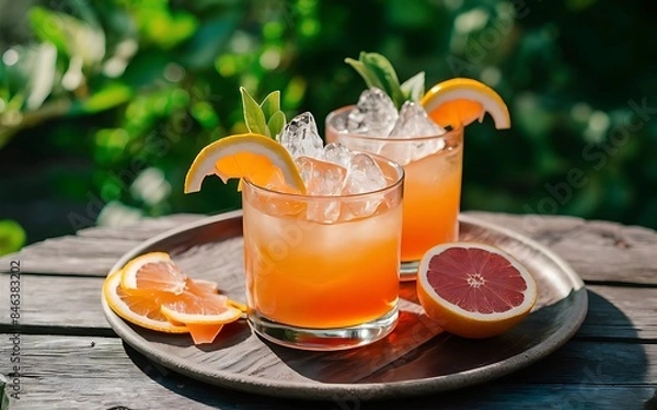 Fototapeta Refreshing summer alcoholic cocktail with crushed ice and citrus fruits