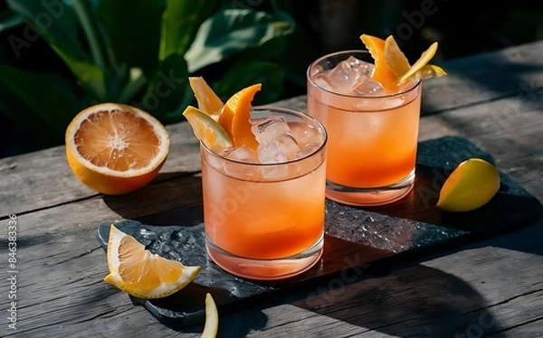 Fototapeta Refreshing summer alcoholic cocktail with crushed ice and citrus fruits