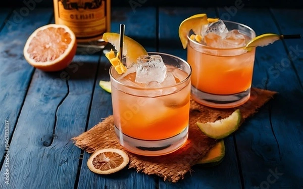 Fototapeta Refreshing summer alcoholic cocktail with crushed ice and citrus fruits