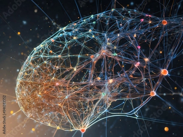 Fototapeta Artificial intelligence in the form of a brain. Digital technologies. Neural networks. Neural chip. The concept of implanting a chip into the human brain. AI generated