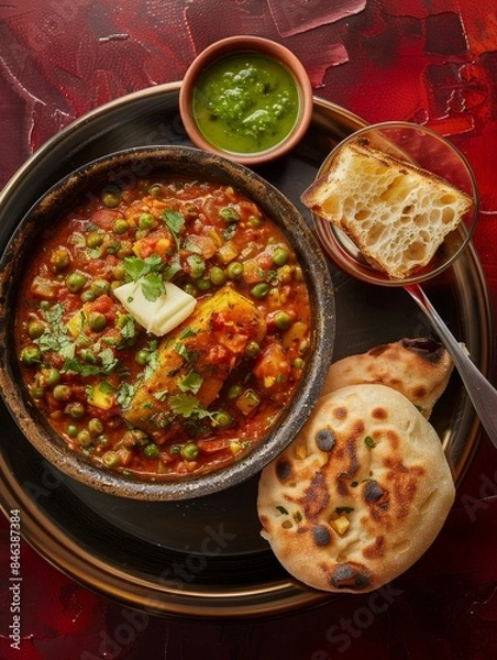 Fototapeta Gourmet Pav Bhaji: Exquisite Mixed Vegetable Curry with Buttery Bread on Crimson Background