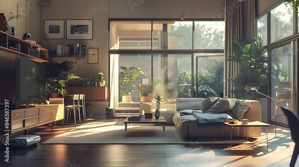 Obraz A well-lit modern living room with sleek decor and an abundance of natural light, captured in high definition