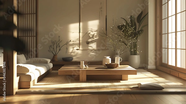 Obraz A warm and inviting minimalist interior featuring natural materials and simple furnishings, captured in high-definition quality