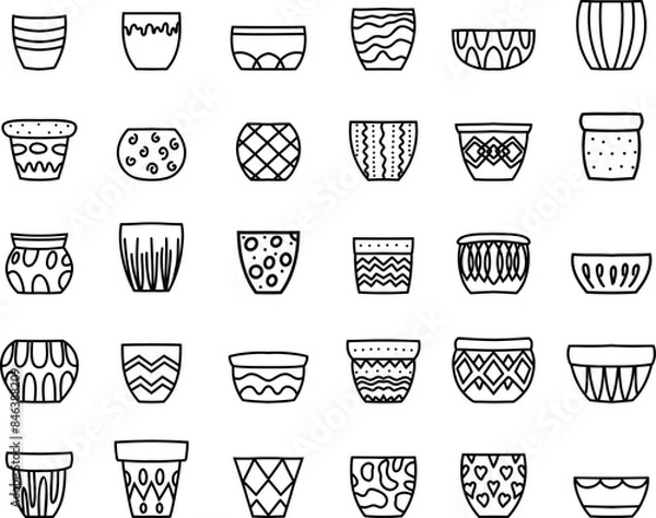 Fototapeta Set of various black and white hand-drawn plant pot designs. Simple doodle outline illustrations on a white background.