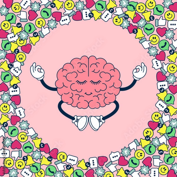 Obraz Vector Illustration of Digital Detox Concept. Healthy, Happy, Relaxed Brain Meditating