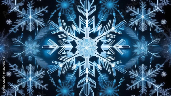 Fototapeta Frosty patterns on an evening frozen window, snowflakes. Space for text, banner