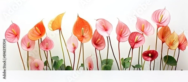 Fototapeta Anthurium flowers in assorted shades of red pink and orange arranged on a white background providing copy space for design or text
