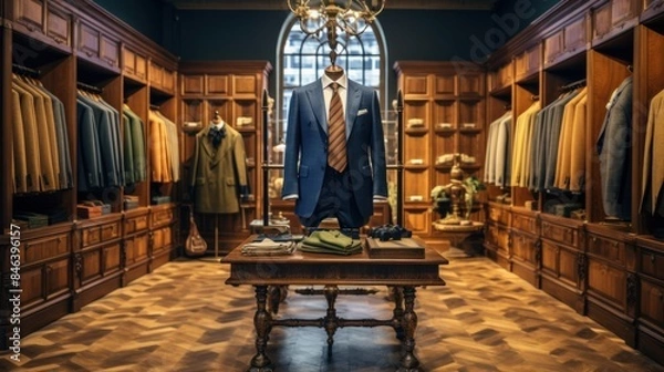 Fototapeta A mannequin wearing a blue suit and tie is displayed in a store