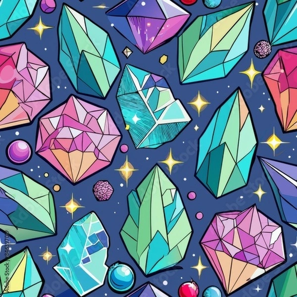 Fototapeta Seamless pattern of sparkling rock candies with iridescent crystals and glitter, Generative AI