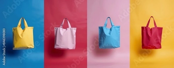 Obraz 4 different colored tote bags on a plain background, product photography in bright colors against a solid color background