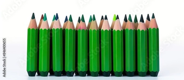 Fototapeta A bunch of black pencils is closely arranged within a green ceramic cup situated on a white background This composition offers ample space for showcasing an image or text
