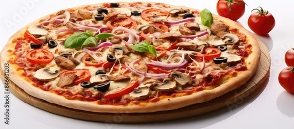 Fototapeta A pizza composition made with raw dough and fresh ingredients displayed on a light background with ample space for copy