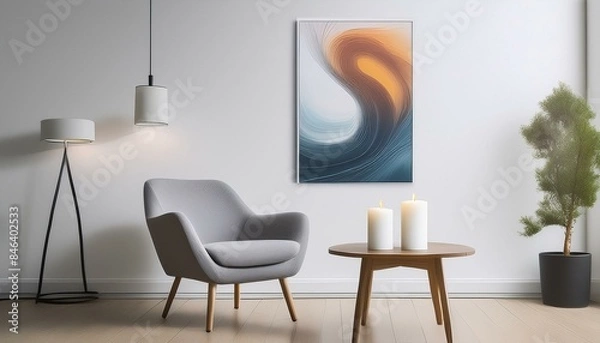 Fototapeta abstract minimalist art print with fluid shapes displayed on a white wall, accompanied by a gray chair and a brown wooden table, with a white candle adding a touch of ambiance