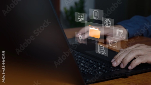 Obraz Document management system (DMS) technology, database on computer to store files document data digital. file storage process with security. information technology concept.