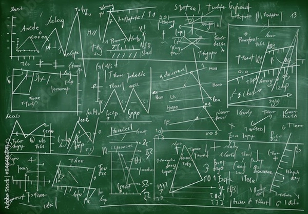 Fototapeta School board with chalk drawing math and chemical formulas, AI generated