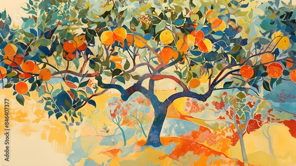 Fototapeta Stylized Artistic Representation of a Tree with Orange Branches and Autumn Leaves..