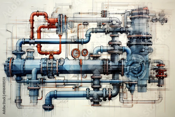 Obraz Sketch of piping design mixed with industrial equipment photos 