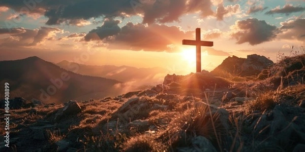 Fototapeta A cross is on a hillside with a beautiful sunset in the background