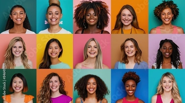 Obraz Composite Portrait of Diverse Women Smiling Against Colorful Backgrounds in a Grid Layout