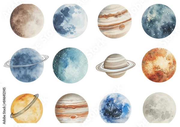 Fototapeta Watercolor vector illustration planet galaxy universe solar system stars set clipart sketch Mercury Venus Earth Mars Jupiter Saturn Uranus Neptune on isolated background