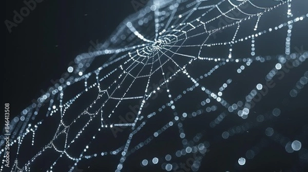 Fototapeta  A tight shot of a spider's web against a black backdrop, featuring a slightly out-of-focus spider web image at its core