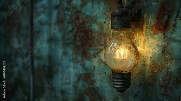 Fototapeta A single light bulb glowing brightly in a dimly lit room, casting intricate shadows on the wall