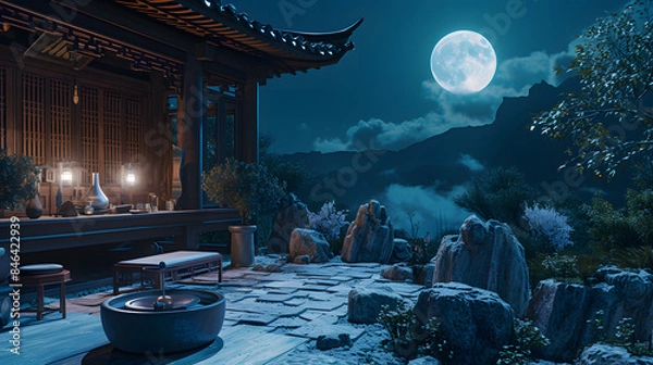 Obraz Tranquil Zen Temple Under Full Moon with Glowing Lanterns and Alchemy Tools