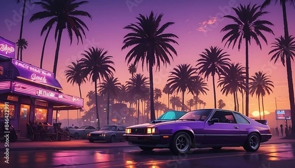 Fototapeta Purple Car Parked on Side of Road