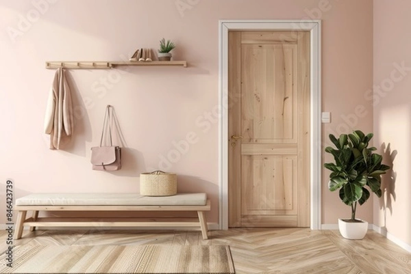 Fototapeta A minimalist Scandinavian style interior of an entrance hall with shoe storage