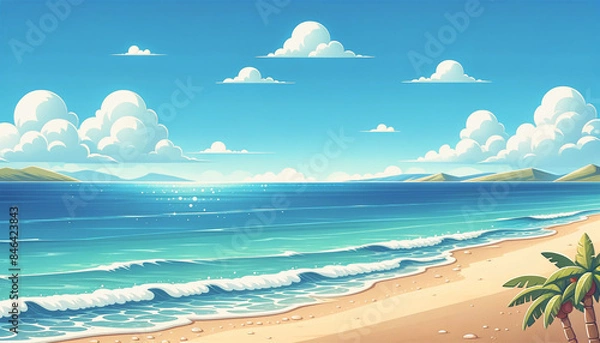 Fototapeta 夏の砂浜と海　背景、壁紙　（ AI生成画像 ）