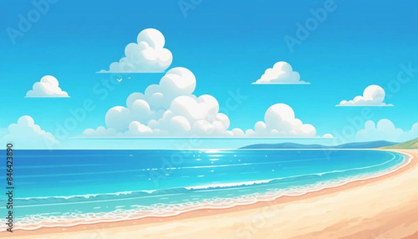 Fototapeta 夏の砂浜と海　背景、壁紙　（ AI生成画像 ）