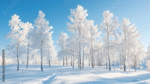 Fototapeta Trees covered in snow under a clear blue sky