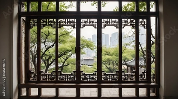 Fototapeta Genetative AI. The traditional Window,door,and fence. When life gets overwhelming, I simply gaze out my window and let the serenity of nature wash over me. 🌲🌊 #WindowEscape #NatureHeals"