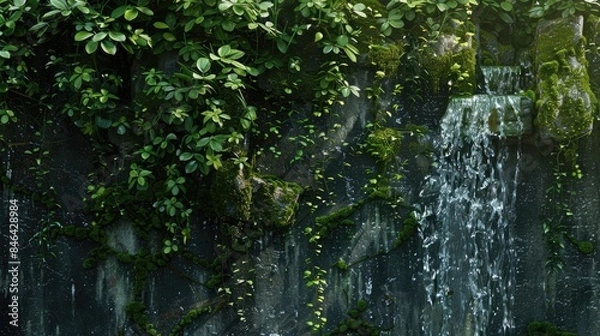 Fototapeta Trickling Water on a Wall Covered with Moss Varied Textures in a Spring Setting