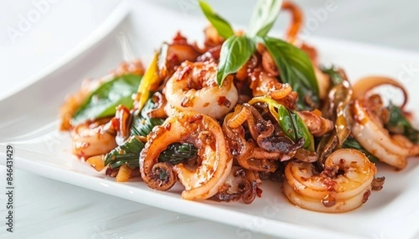 Fototapeta Sizzling Stir-Fried Squid with Fragrant Basil: A Taste of Asia