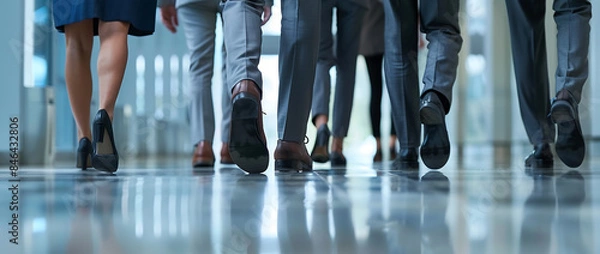 Obraz 1 group of business people walking side side wearing suit shoe black sol closeup shot behind background interior office building captured style of high resolution photography focus their leg sharp