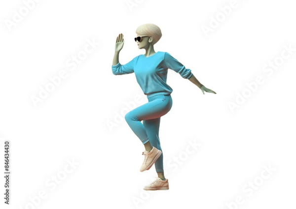 Fototapeta 黒いサングラスと青い服装を着用して走る金髪の女性の身振り手振り【背景無し】