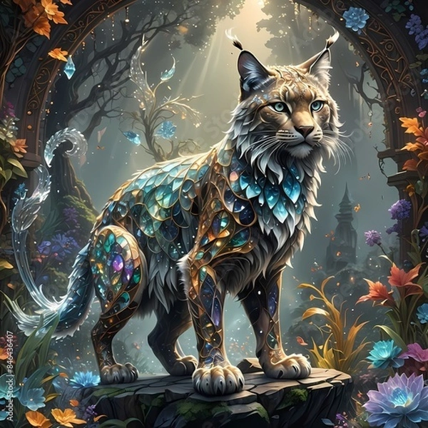 Fototapeta a digital painting of a cat in a forest, with flowers surrounding it