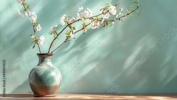 Fototapeta A serene composition of an elegant ceramic vase with blooming cherry blossom branches