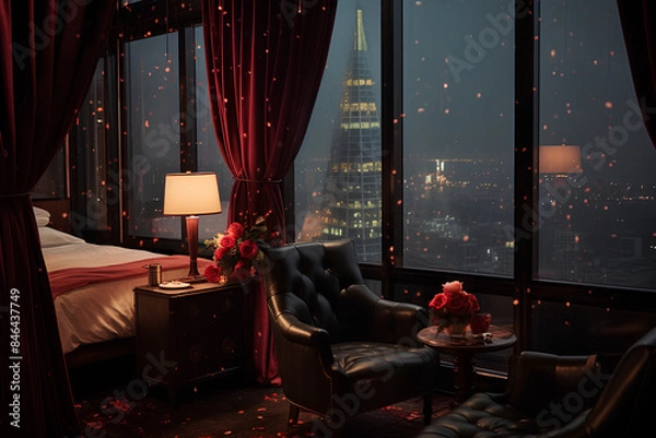 Obraz the atmosphere of the room in the hotel on the highest floor with a view of the city centre in the rain