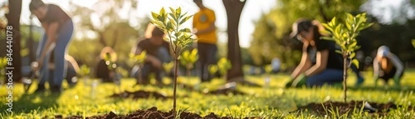 Fototapeta A sunny day with volunteers planting trees in a public park