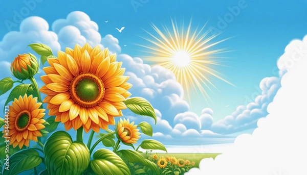 Fototapeta ひまわりと青空　背景、壁紙　（ AI生成画像 ）

