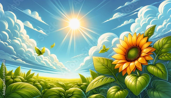 Fototapeta ひまわりと青空　背景、壁紙　（ AI生成画像 ）