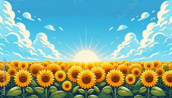 Fototapeta ひまわりと青空　背景、壁紙　（ AI生成画像 ）