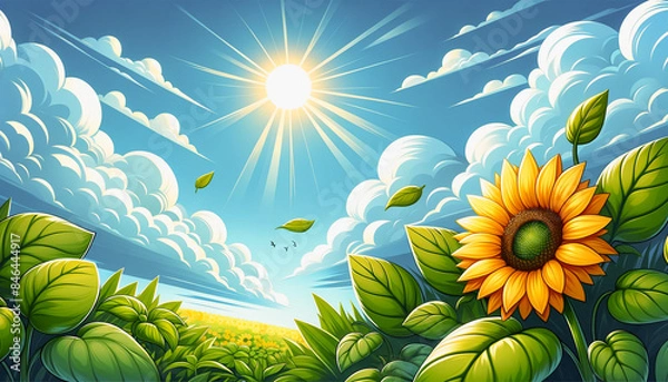 Fototapeta ひまわりと青空　背景、壁紙　（ AI生成画像 ）