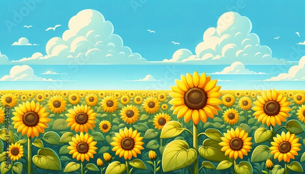 Fototapeta ひまわりと青空　背景、壁紙　（ AI生成画像 ）