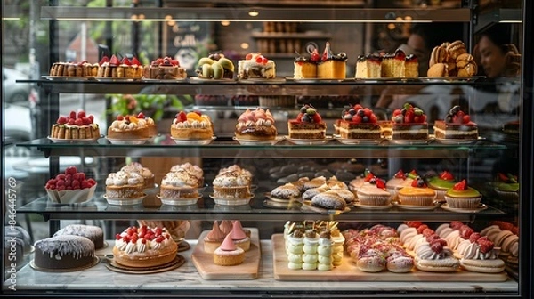 Fototapeta The glass display case in front with many different types and sizes of pastries, cakes, cookies, or croissants inside. The scene is set against an urban backdrop, part of a bakery or cafe.
