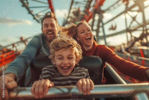 Obraz AI generated illustration of a family enjoying a roller coaster ride at an amusement park