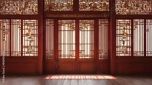Obraz Generative AI. Indulge in Eastern luxury with this magnificent Chinese-style room. The rich wooden doors and windows exude a sense of grandeur, while the intricate design pays homage to ancient crafts